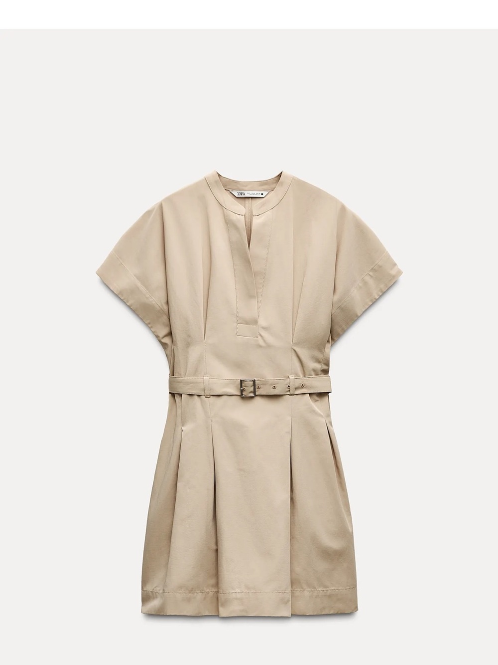 Zara Neutral Beige Short-Sleeve Belted Mini Dress
